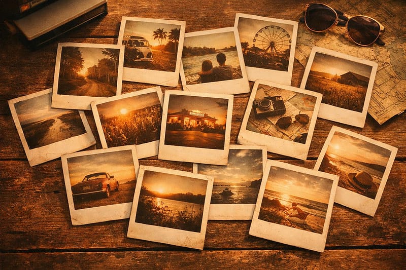 KI-generiertes Bild: polaroid instant photos spread flat lay