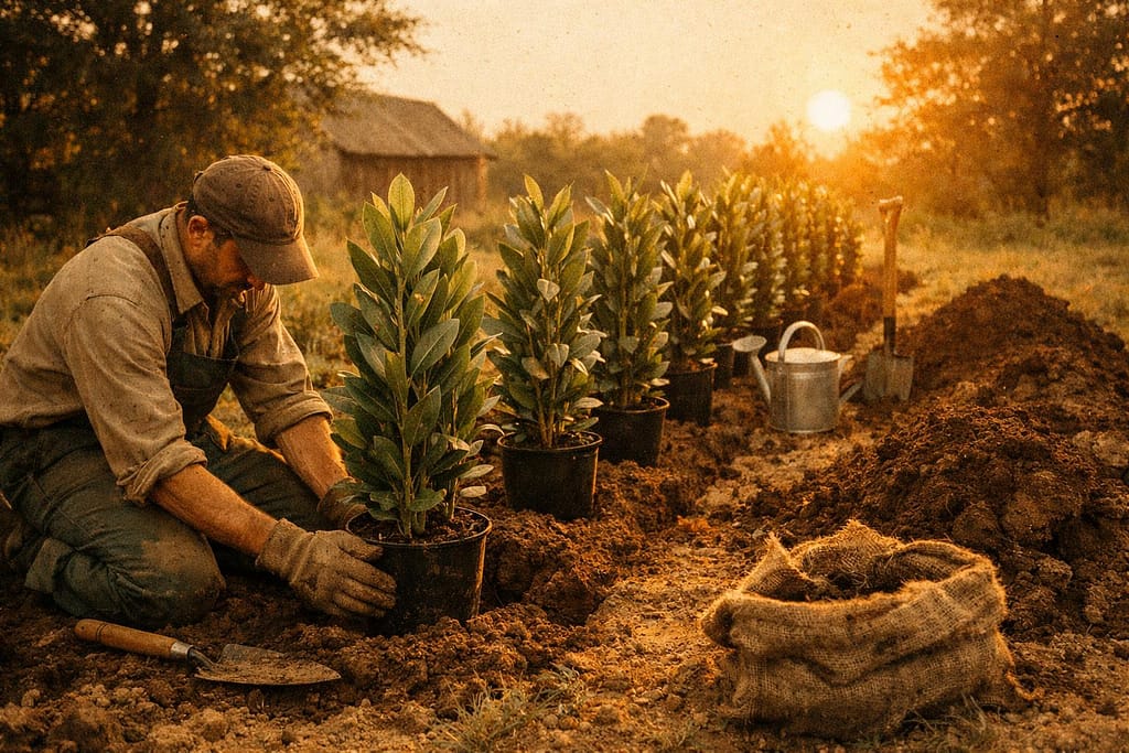 KI-generiertes Bild: cherry laurel genolia hedge planting – natürlicher Sichtschutz Terrasse durch eine Hecke