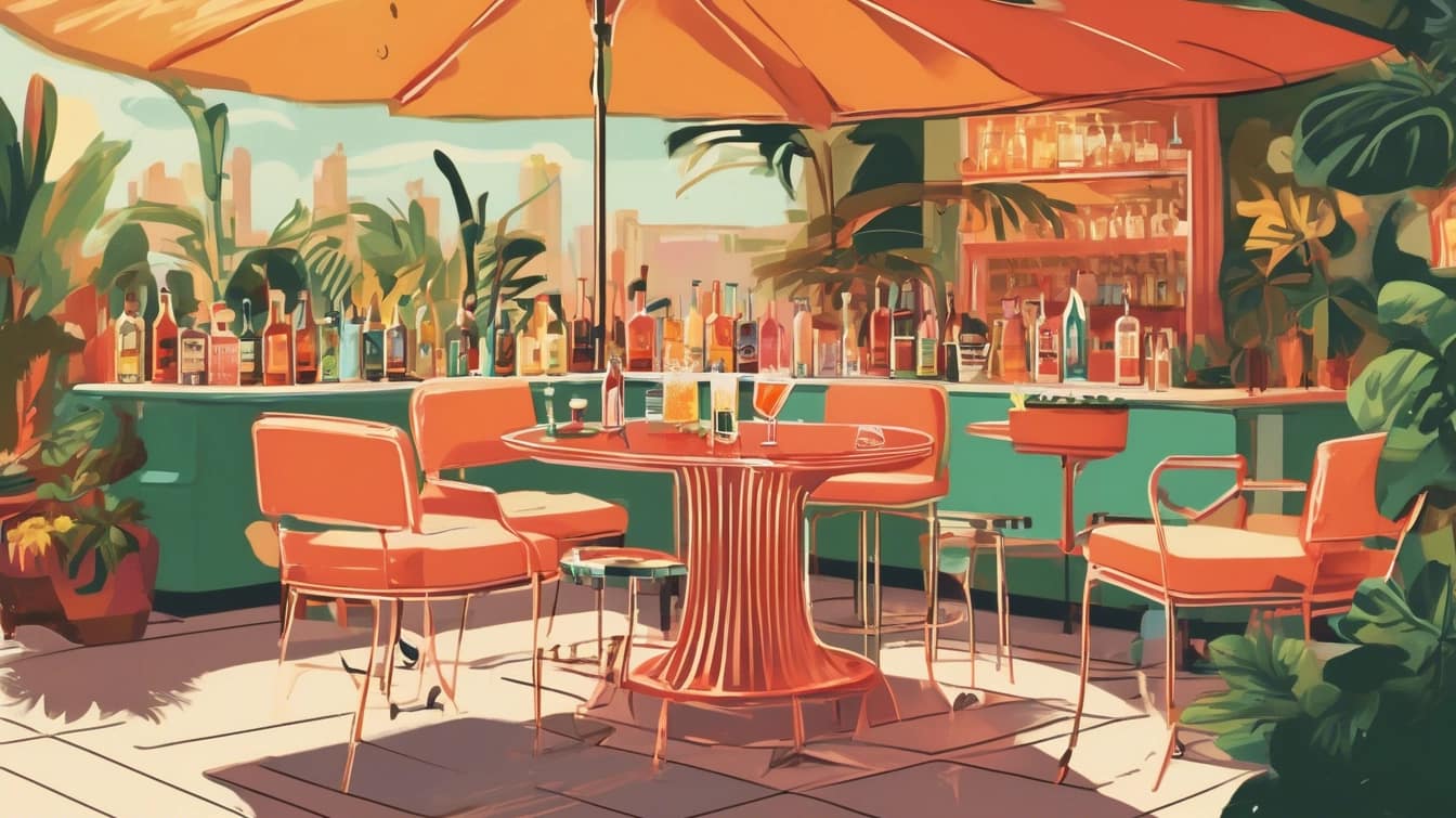 Eine 70er Jahre Szene auf einer Tarasse mit Cocktails
