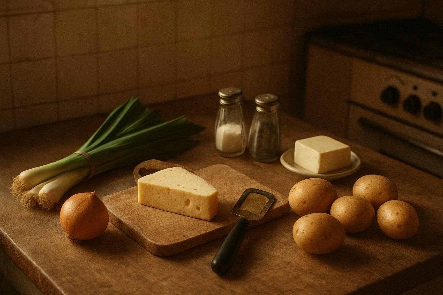 fotorealistisch: in einer alten Küche liegen auf der Arbeitsplatte ein Schneidbrett, ein stück käse, ein Käsehobel, ein Bünde