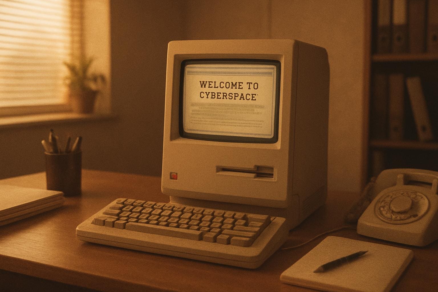 ein alter Mac mit einer Website aus den 80ern auf dem Bildschirm in einem Büro aus den 80ern auf einem Schreibtisch