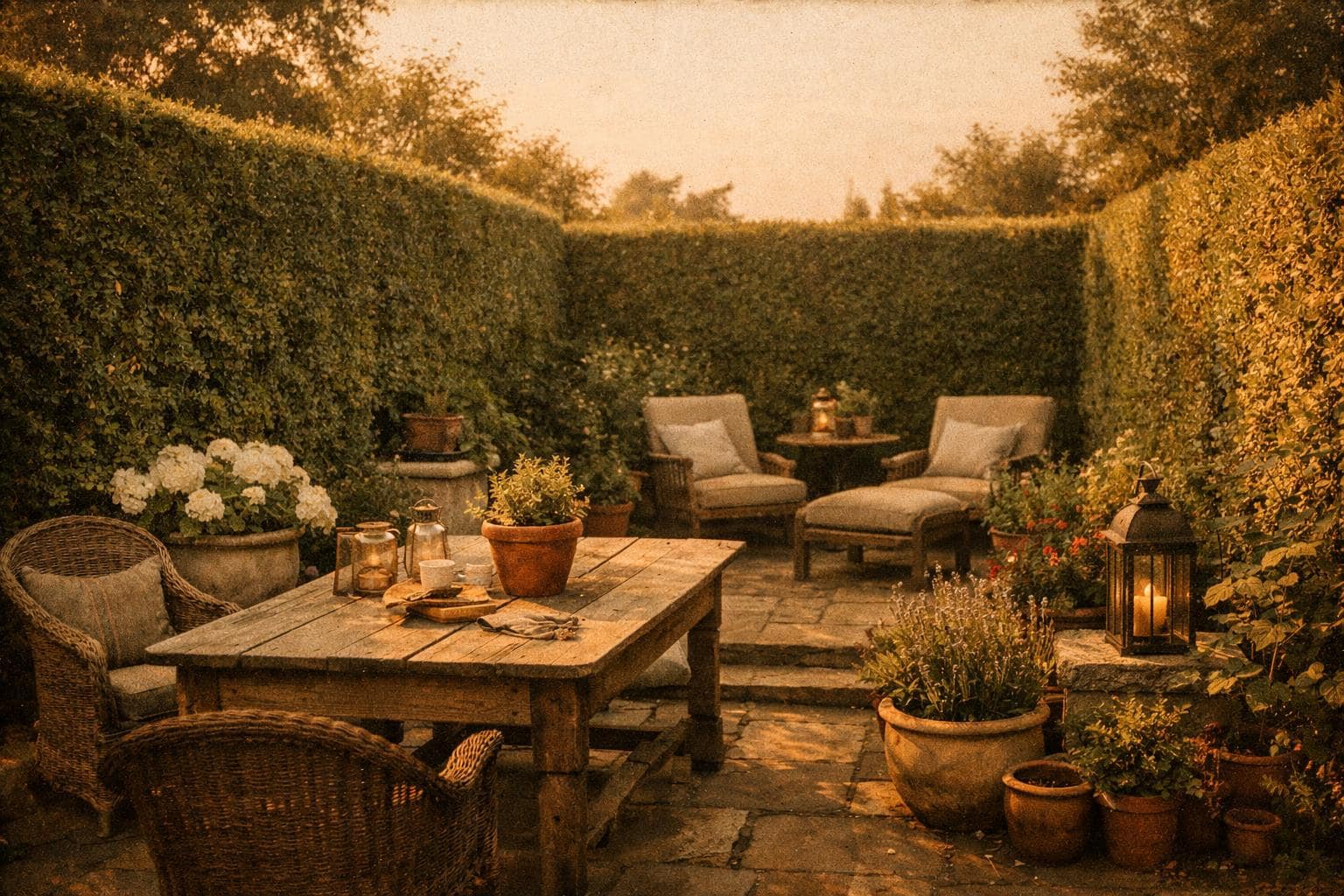 KI-generiertes Bild: natural privacy hedge terrace garden – natürlicher Sichtschutz Terrasse