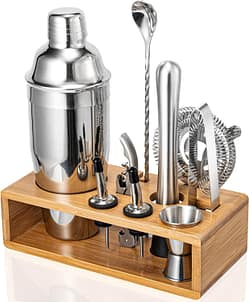 Cocktail-Shaker-Set, Mixology Barkeeper-Set, 10-teiliges Bar-Werkzeug-Set mit stilvollem Bambusständer, Bar-Kit: Matini-Shaker, Rührlöffel, Stößel, Jigger Hahnrew für Barzubehör-Set