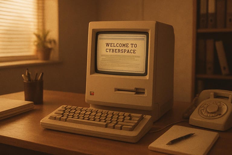 ein alter Mac mit einer Website aus den 80ern auf dem Bildschirm in einem Büro aus den 80ern auf einem Schreibtisch