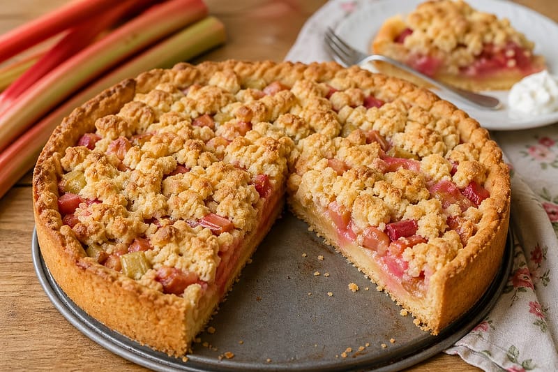 Rhabarber-Streusel-Kuchen selber gebacken und aufgeschnitten